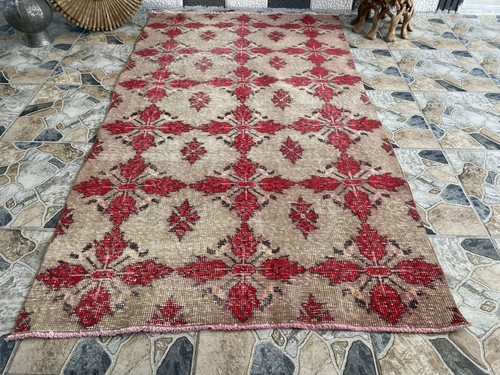 Vintage Turkish Area Rug 4x7 ft | Hand-Knotted Wool Carpet Bold Geometric Tribal - Picture 12 of 19