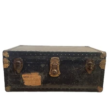 Antique Steamer Trunk Chest Black Leather Brass Decor~ 31”