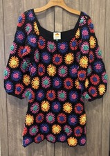 Farm Rio Large Crochet Flower Dress Mini Black Puff Sleeves