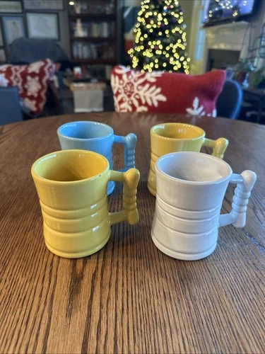 Frankoma C3 White Yellow Blue 4" Coffee Mugs Cups Vintage 1950s Lot Of 4