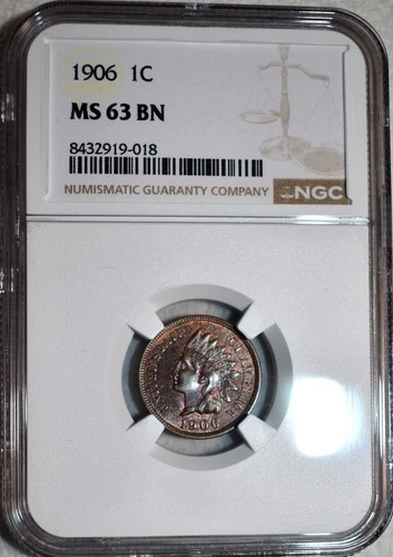 NGC MS-63 BN 1906 Indian Head Cent, Beautiful, Wood-Grain Toned, PQ specimen.
