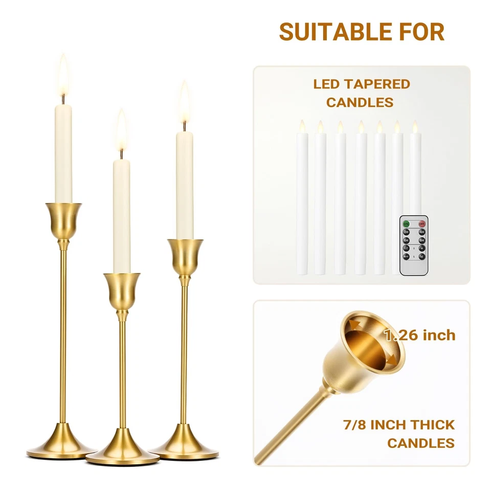 3 Candelabros Dorados Altos De Metal Para Velas Mesa Decoración Sala El Hogar Foto 4 de 4