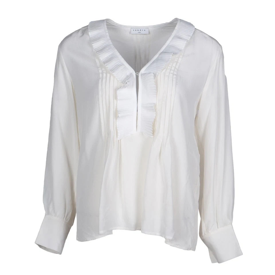 Sandro Paris Women's Blouse Size 1 / S V-Neck Ruffles Silk Blouse SFPTO00227 - Image 2 of 4