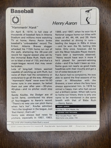 1977-79 Sportscaster Hank Aaron #03-16 – Braves HOF Rare Vintage Card Hammerin’ - Picture 6 of 9