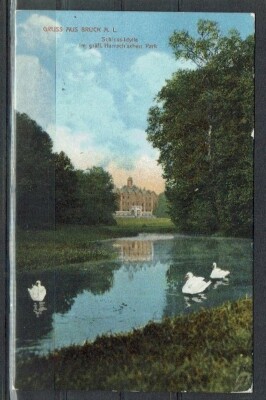 old coloured postcard ''Bruck A. L. Castle in Harrach'schen Park ''run 1912?
