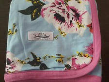 Baby Be Mine Navy Blue Floral Pink flowers Blanket 31" x 31" Reversible ribbed