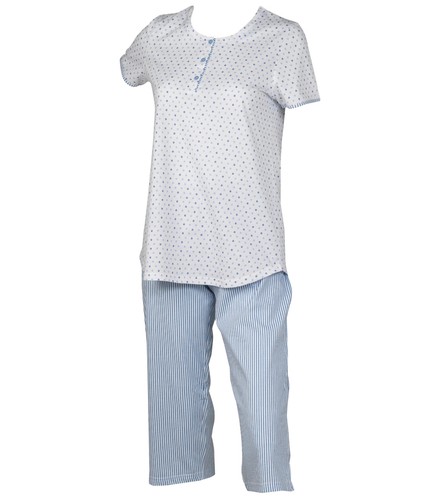 Womens Jersey Cotton PJs Ladies Polka Dot Top Striped Cropped Bottoms Pyjamas - Picture 14 of 20