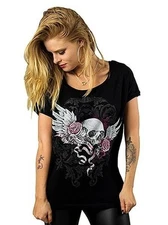 Lethal Angel Winged Skull Banner Off Shoulder Rose Tattoo Womens Shirt LT20373