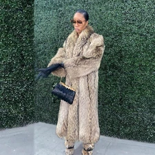 120CM Women's Real Raccoon Fur Coat Winter Thick Fur Outwear Genuine Warm Jacket