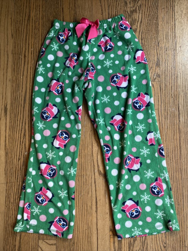Girl’s Sz 8 Fleece Christmas Pajama Bottoms Pink & Green Penguins PJ Pants