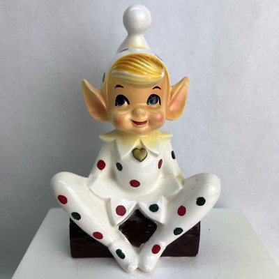 Vintage MCM Lego Japan Large Ceramic White Poka Dot on Tree Stump Pixie Elf