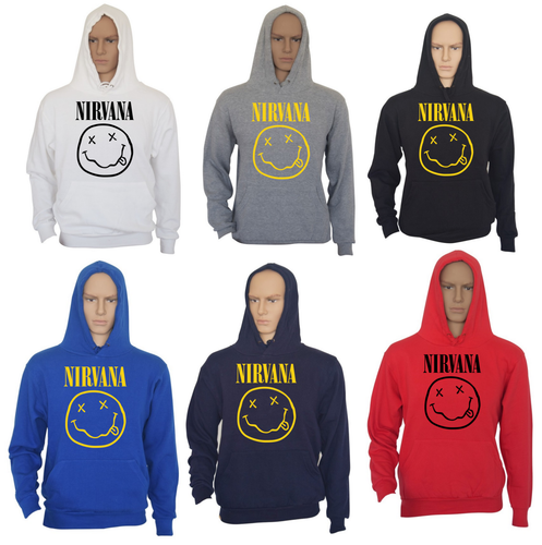 FELPA CON CAPPUCCIO NIRVANA COTONE FELPATO MUSICA SMILE EMOTICON F10 | eBay