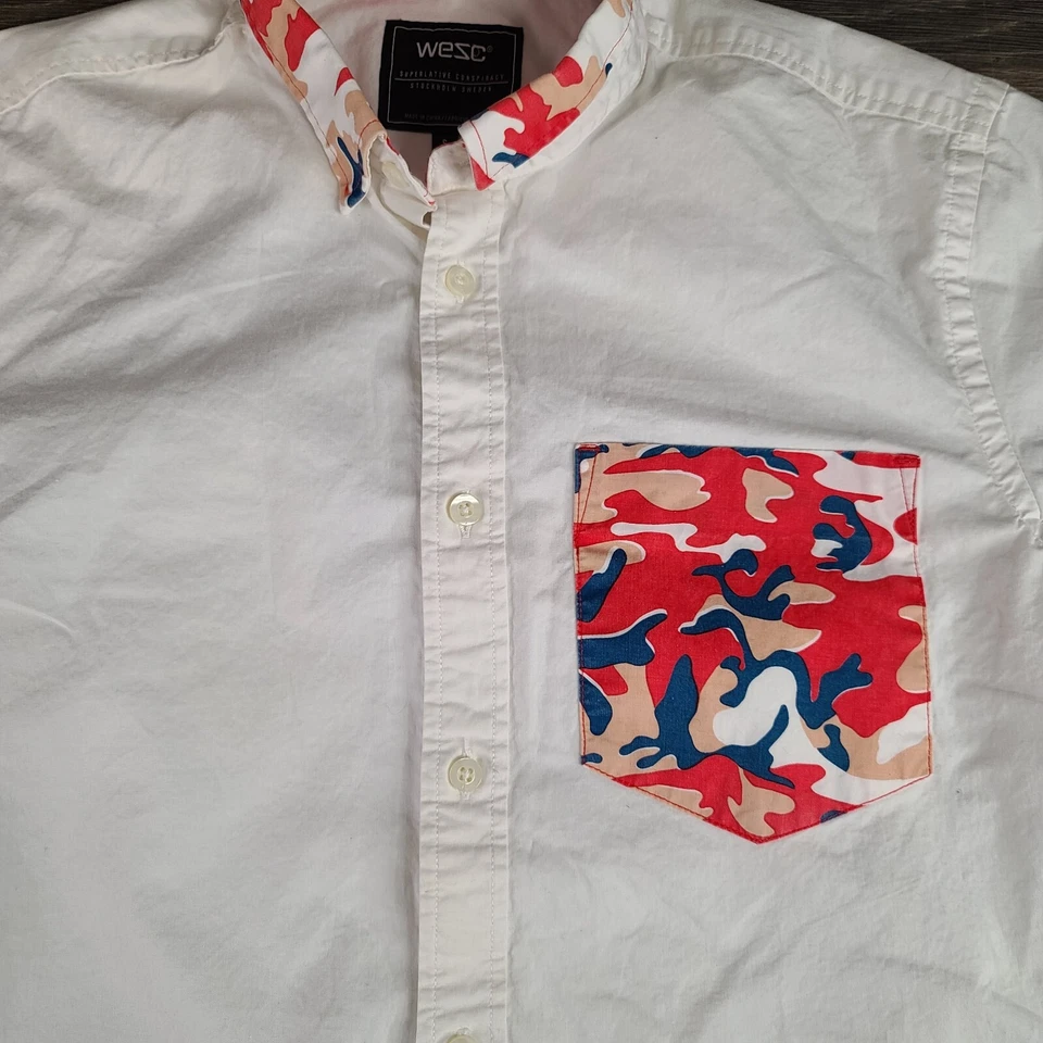 WESC Blanco Camuflaje Abotonable Para Hombres Pequeño Andy Warhol Conspiración Edición Limitada RARO Foto 4 de 4