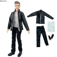 Black Leather Motorcycle Style Outfits For 12" Boy Doll Clothes Set Coat Jacket