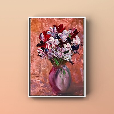 Original Gemälde Erbsen in Vase Stillleben C20x15cm FLORA ROCANZO Rosa