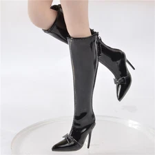 1/6 Scale Black Leather Long Boots High-heeled Shoes Model for 12" PH Verycool
