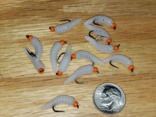 12 - #10 ORG BH Rubber Grub Maggot Worm White  Wet Fly Trout, Crappie, Panfish