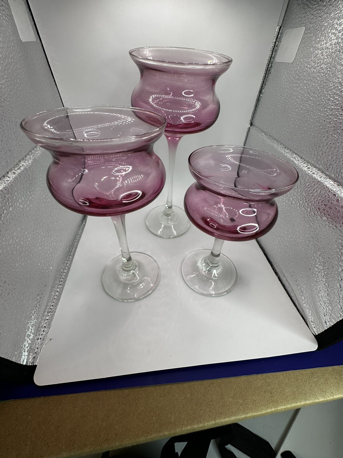 Pink Glass Graduated Tea Light Candle Holders Set Of 3. Not Flashed.