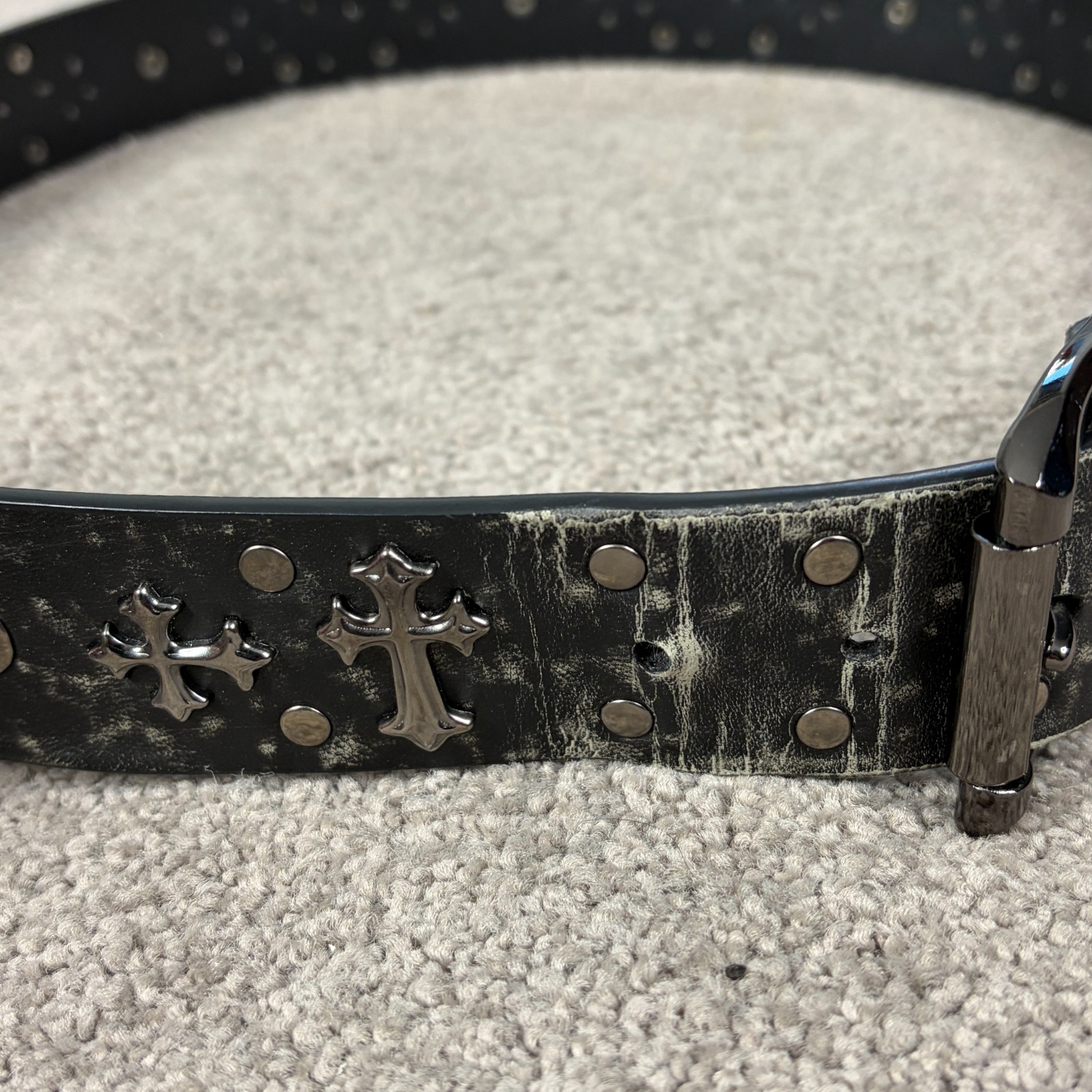 Chrome Hearts Style Leather Belt Crosses Black Silver Buckle Gothic Size 42 thumbnail 5