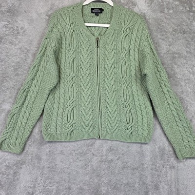 Icelandic Design Sweater Cardigan Womens Medium Green Silk Angora Cable Zip
