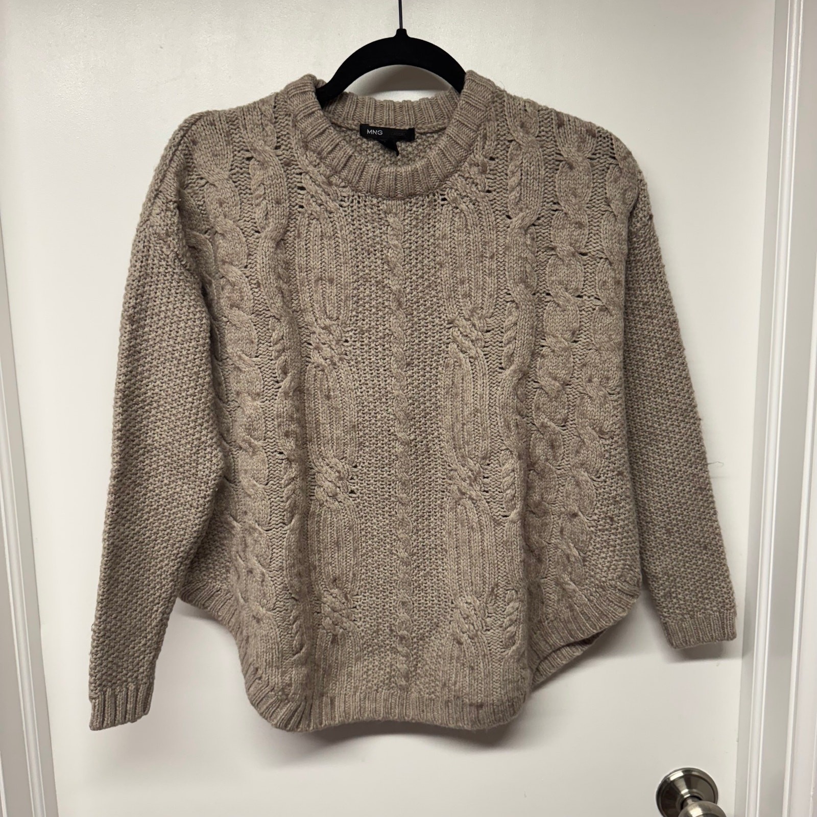 MNG Mango Mock Neck Tan Wool Blend Cable Knit Sweater Womens Size XS Oversized