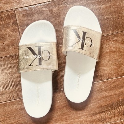 Calvin Klein Jeans Chantal Rose Gold Metallic White Cushioned Slide Sandals
