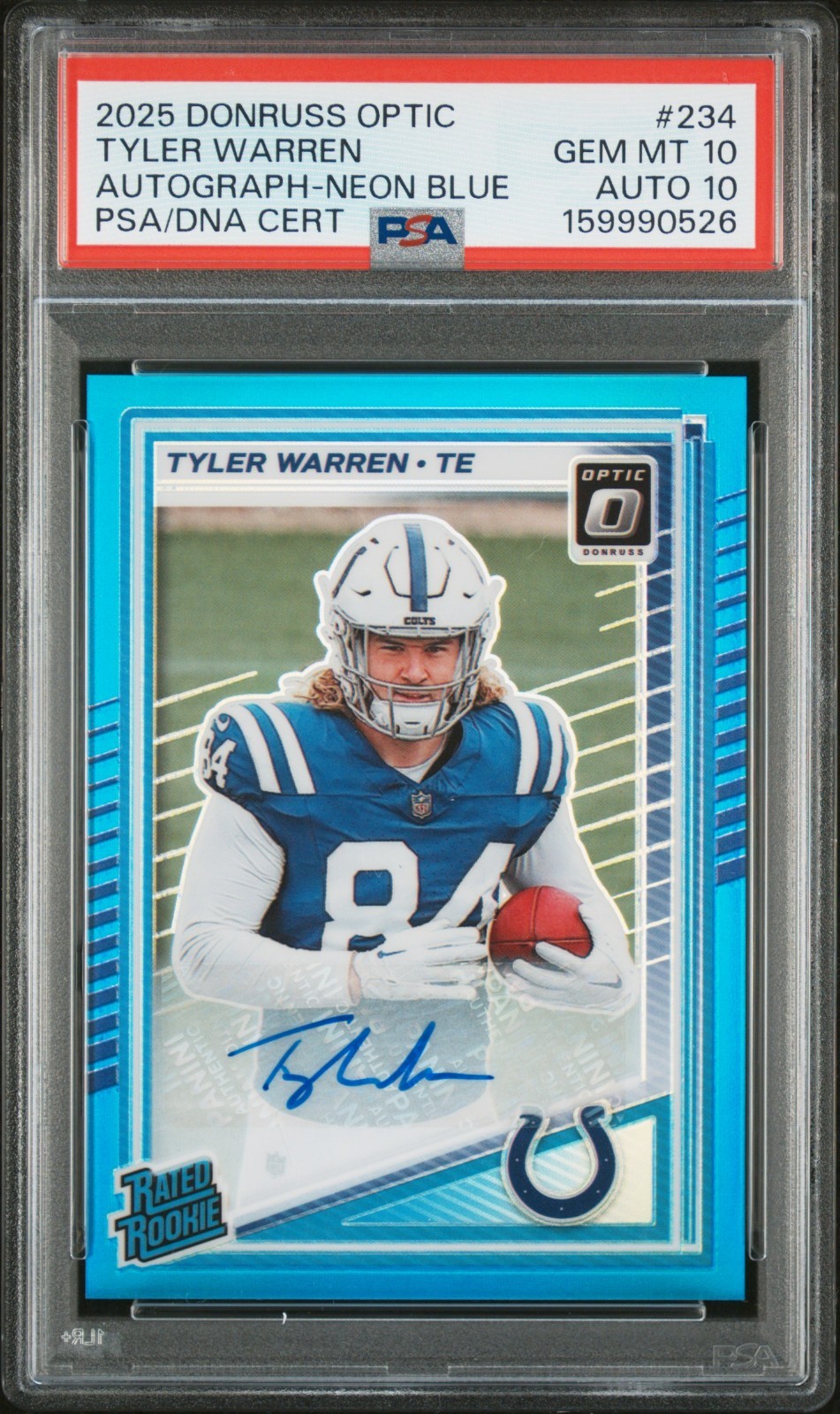 2025 DONRUSS OPTIC TYLER WARREN AUTO NEON BLUE #234 ROOKIE RC PSA 10 GEM MINT
