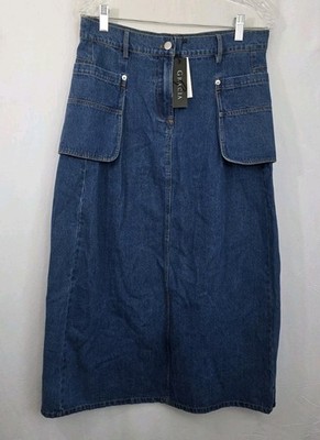 NWT Garcia Sz L Maxi Skirt Unusual Patch Pocket Jean Denim Blue Back Slit Modest