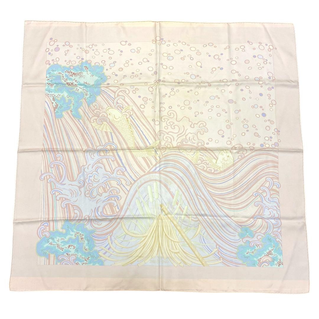 HERMES Carré 90 Silk Scarf Carp Climbing Waterfall Design e_034 #QOD4EO