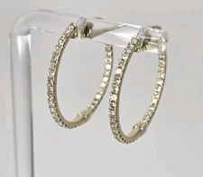 14Kt Yellow Gold Aprox 1 CT TW Diamond Inside/Out Hinged Oval Hoop Earrings 1"