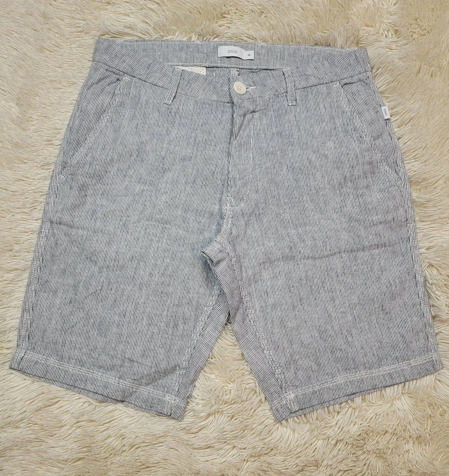 Onia Men Size 30 Austin Linen Micro Stripe Deep Navy Shorts Pockets 10" Inseam C