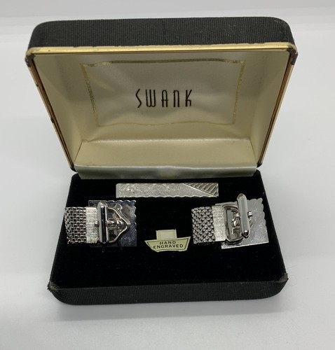 Vintage Swank CuffLink & Tie Clip Silver Tone Mesh Wraparound - Picture 5 of 12