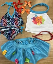 Build a Bear BABW OUTFITS Girl Blue Bikini Tutu Skirt Shirt Belt Bows Lot