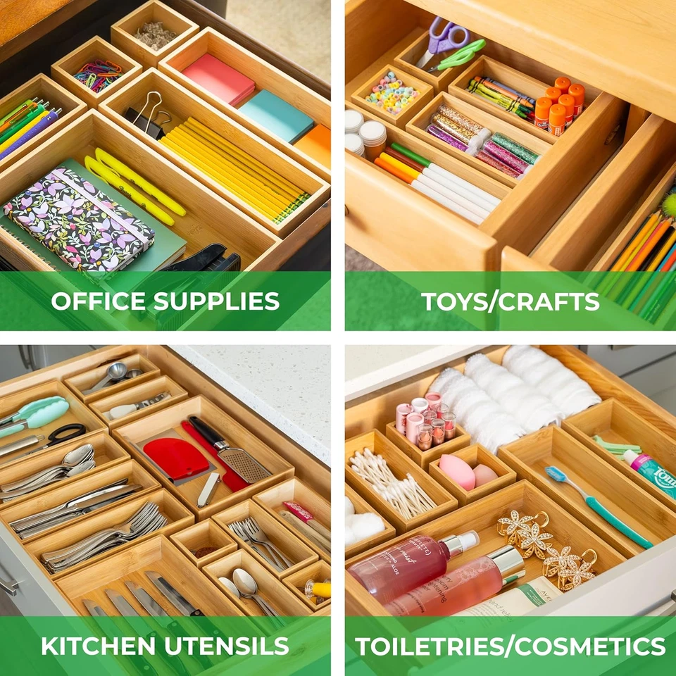 Bamboo Drawer Organizer Boxes - Set of 14 Wooden Drawer Organizers for Kitchen, - Image 2 of 4