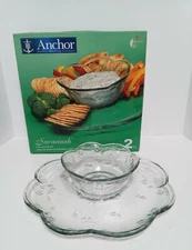 Anchor Hocking Clear Glass Chip & Dip Set Savannah Scalloped Edge Veggies Retro