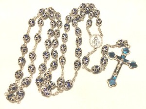 Antique Filigree Virgin Mary Center Blue Crystal Rosary Excellent Condition