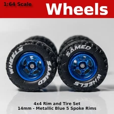 14mm 4x4 Truck Tire Sets - Metallic Blue 5 spoke for Hot Wheels