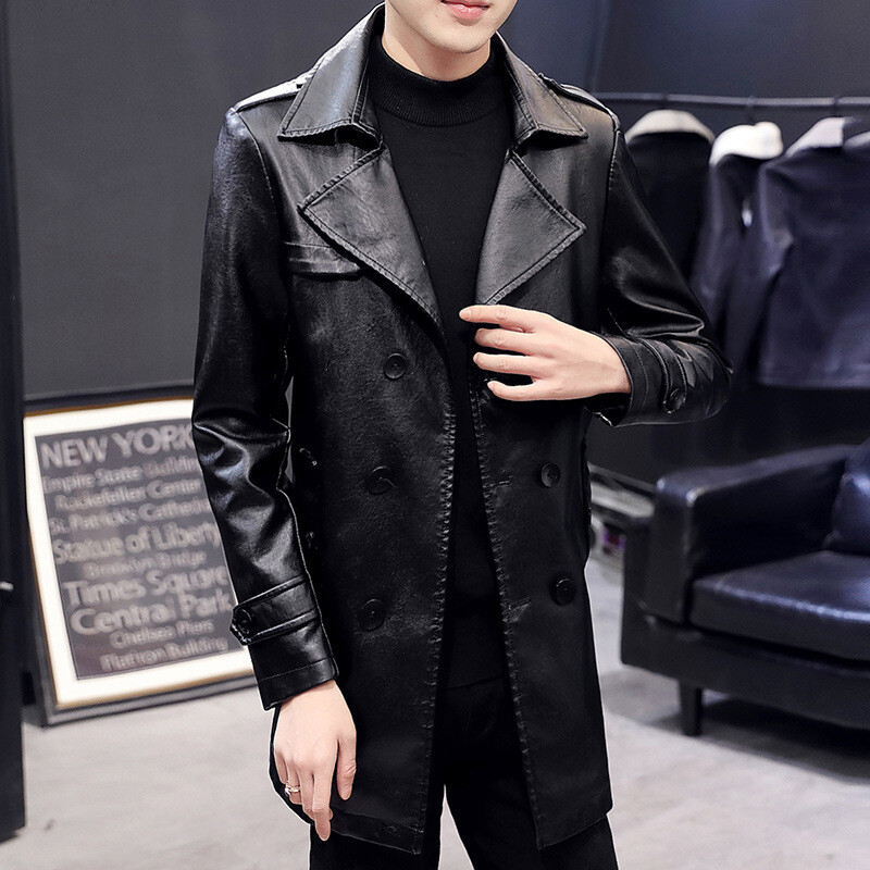 Men's Mid-length Slim Fit Leather Windbreaker Coat Leather Men's Mid-length Slim Fit Leather Windbreaker Coat Leather
