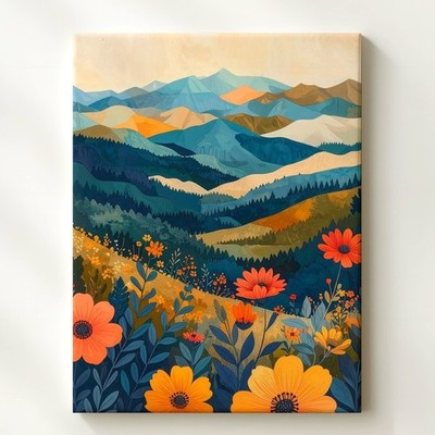 Geometric Floral Landscape Canvas Vibrant Mountain & Flower Art Nature�S Wall