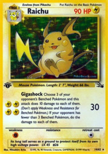 Heavily Played Raichu - 14/62 - Holo Rare - 1st Edition Pokemon Fossil