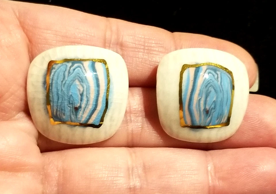 **Únicos Pendientes Remolino Artesanales de Porcelana Cerámica Pintada Dorado Rosa Azul** Foto 4 de 4