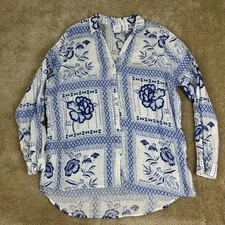 H by Halston 100% Linen Tunic XL Shirt Blouse Bright White Blue Artsy Floral