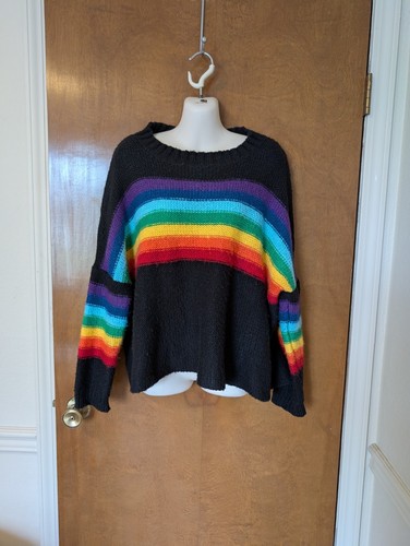Wooden Ships Small Medium Knit Black Oversized Sweater Rainbow Striped - Picture 1 of 5