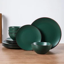 Famiware Venus 12-Piece Green Stoneware Plate & Bowl Set Dinnerware Microwave...