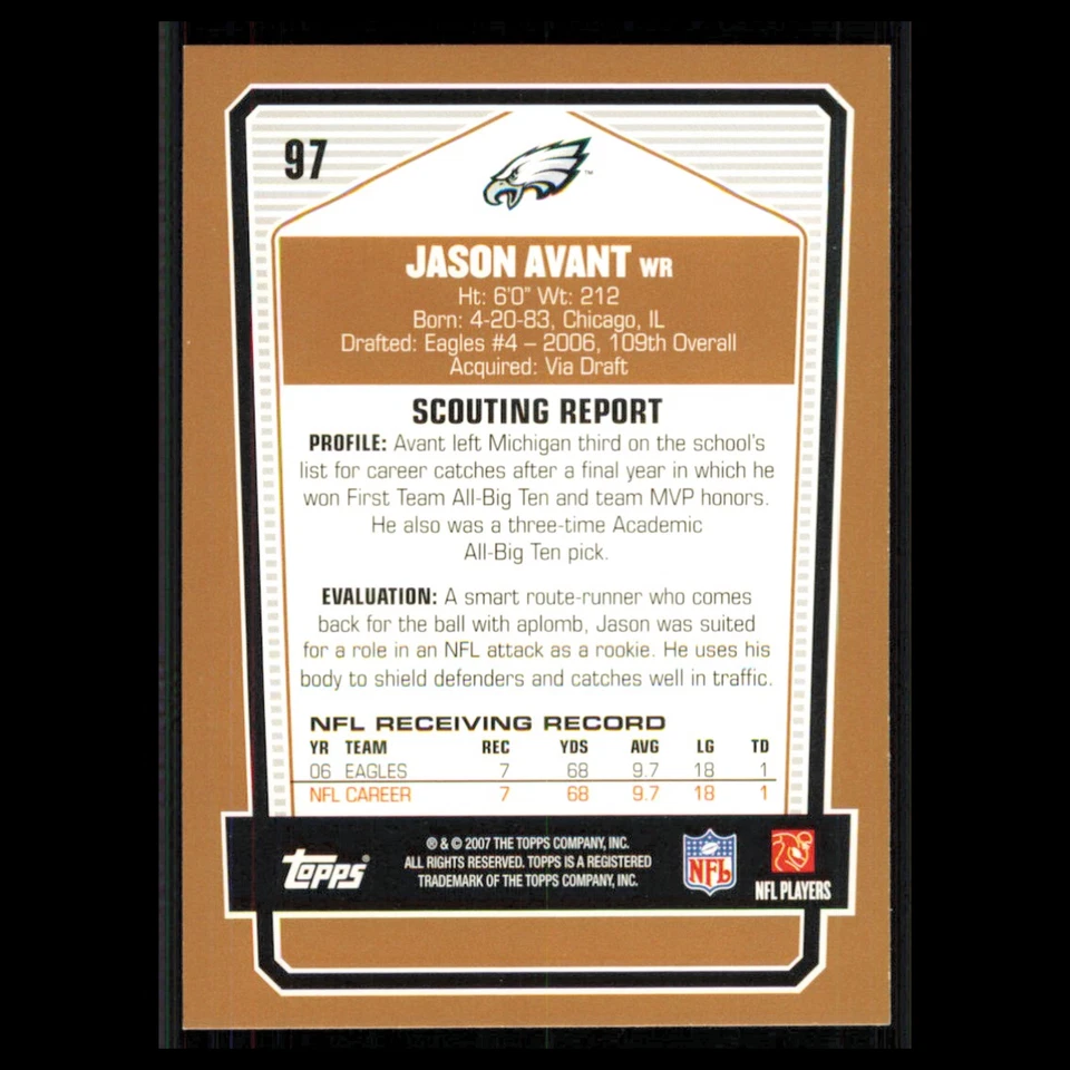 Jason Avant #97 2007 Topps Draft Picks - Prospects Philadelphia Eagles Football - Image 2 of 3