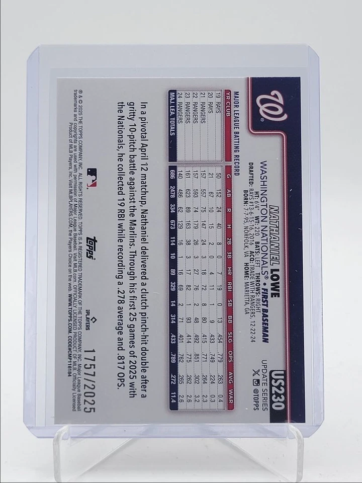 NATHANIEL LOWE 2025 TOPPS UPDATE SERIES BASEBALL GOLD NATIONALS /2025 Q3967 - Image 2 of 2