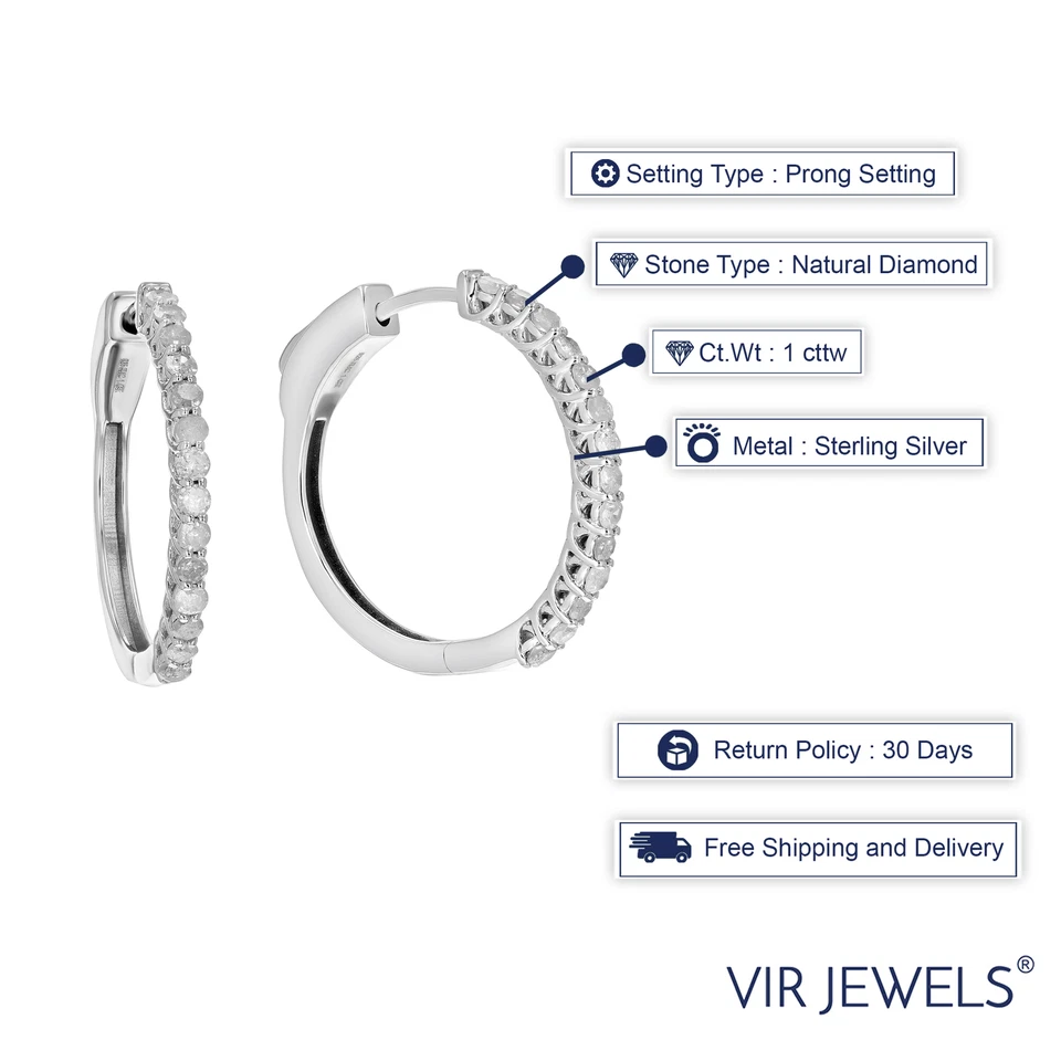 Aretes tipo argolla de diamantes de 1 quilate para mujer en plata de ley .925 con rodio de 1 pulgada Foto 3 de 4