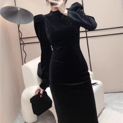 Lady Mock Neck Puff Sleeve Velvet Dress Ruched Evening Party Dress Midi  Dress