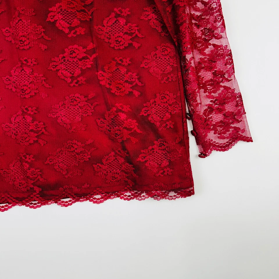 Top de encaje de manga larga para mujer talla M rojo victoriano transparente secretaria coqueta Lolita Foto 3 de 4