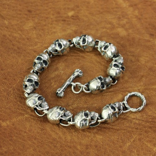 Bracciale maglia teschi dettagli argento sterling 925 biker rock punk gioielli TA175A - Foto 16 di 20